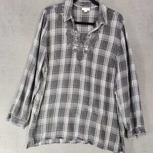 J Jill Women XL Vneck Tunic Shirt Gray Plaid Long Sleeve Vneck Floral Embroidery